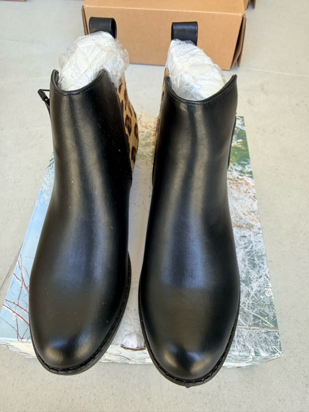 Black Leather Ankle Boots with Leopard Panel